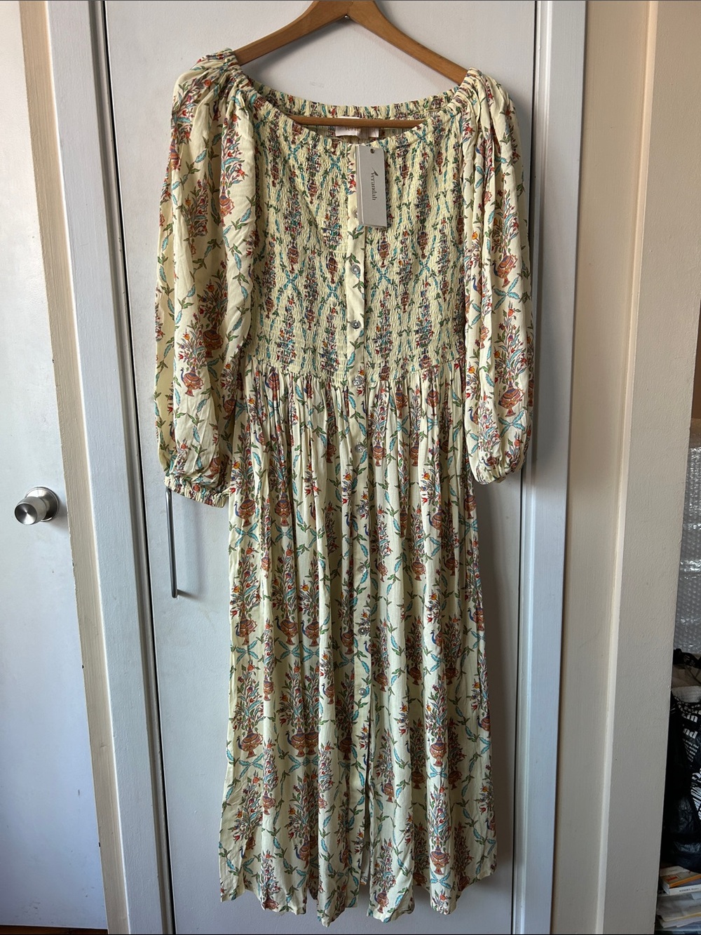 NWT $405 Verandah Butter Yellow Floral Maxi Dress Smocked Bodice M - Picture 2 of 8